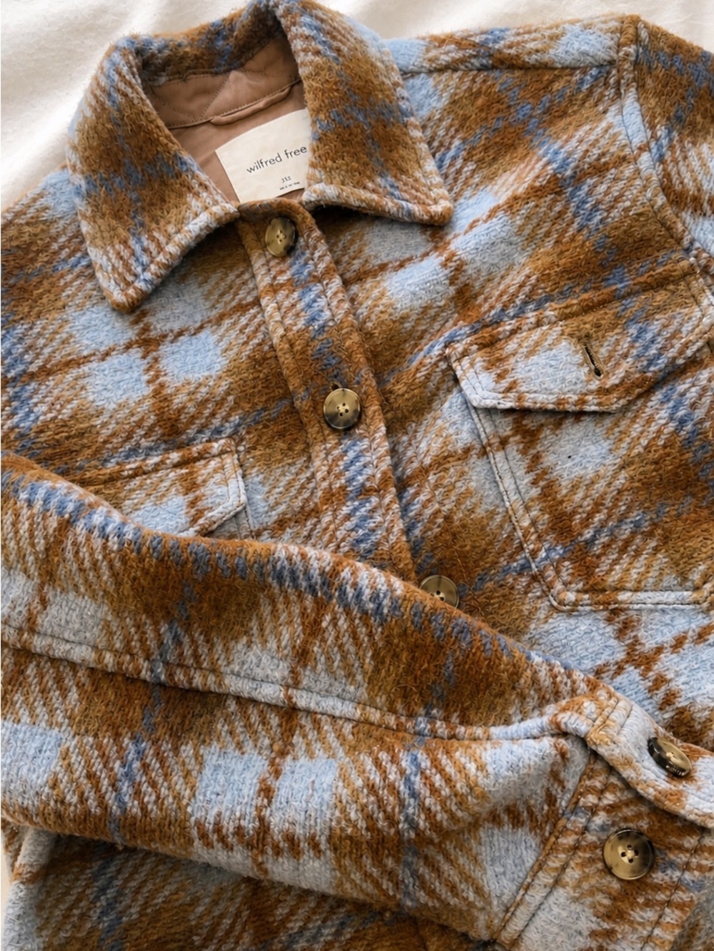 Aritzia Wilfred Plaid Wool-Blend Shacket in Light Blue and Camel